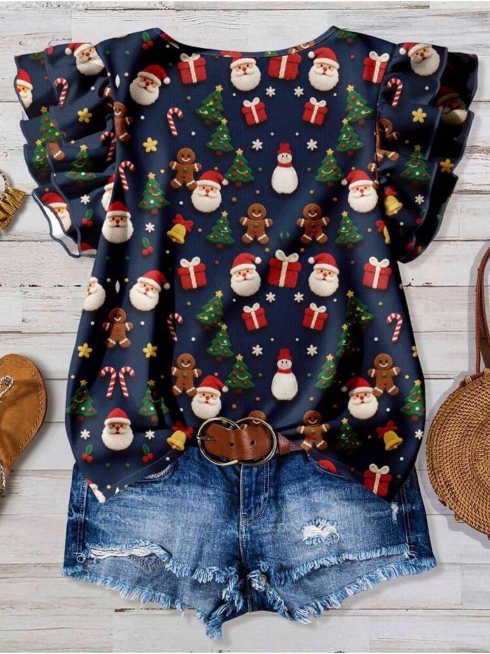 Navy Holiday Print Flutter Sleeve Blouse